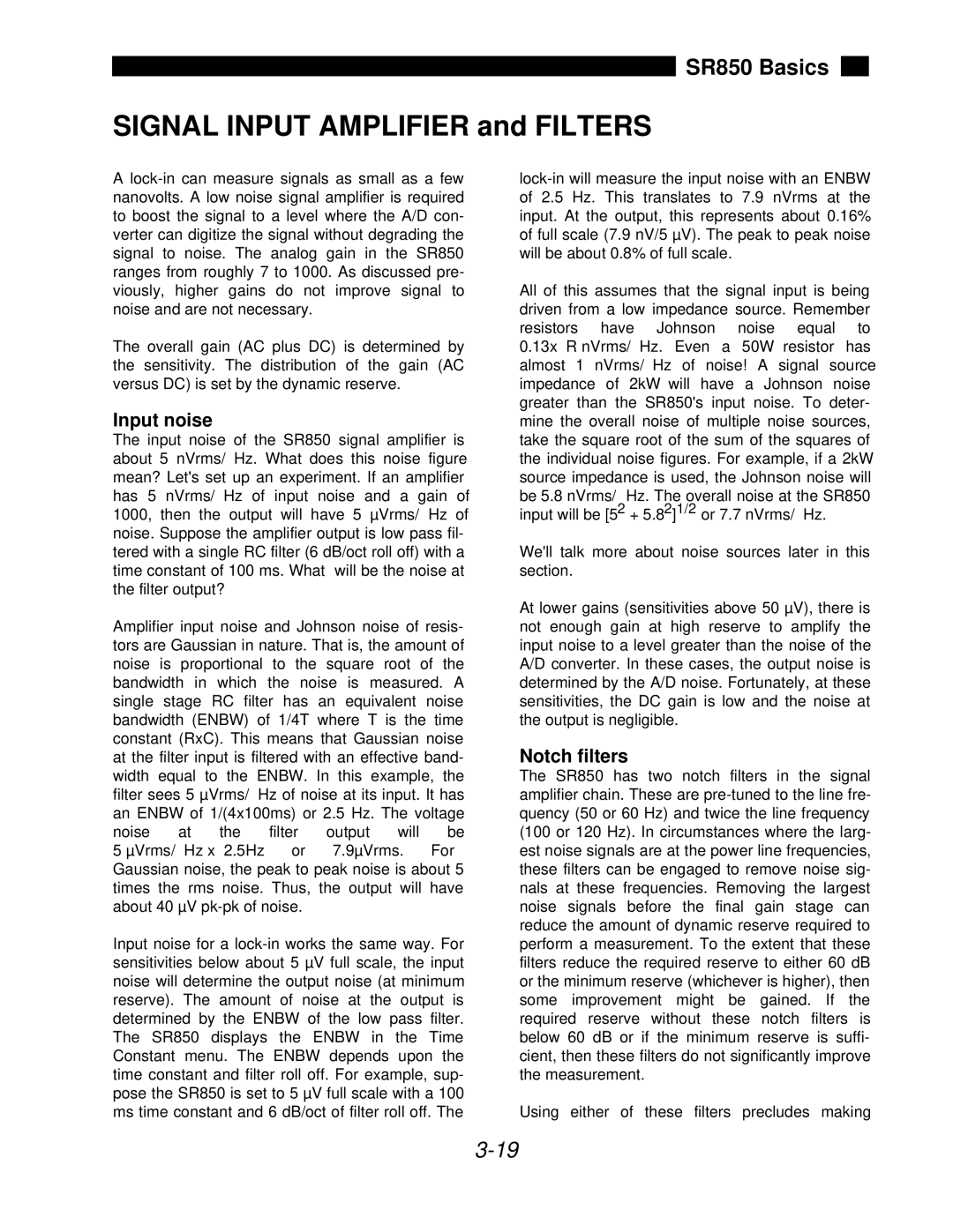 SRS Labs SR850 manual Signal Input Amplifier and Filters, Input noise, Notch filters 