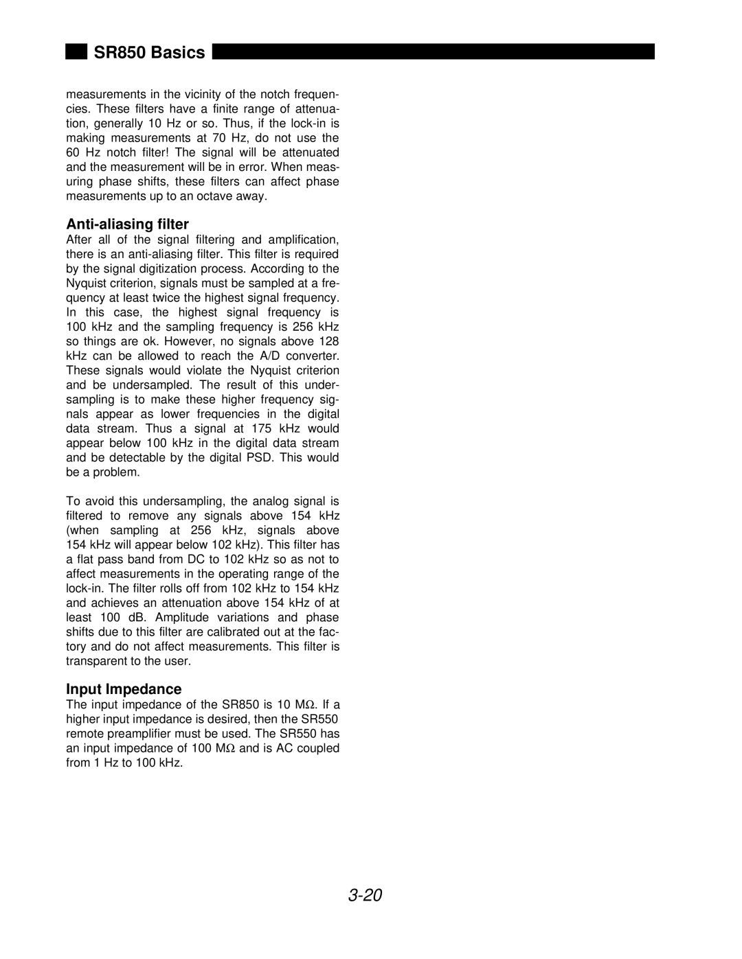 SRS Labs SR850 manual Anti-aliasing filter, Input Impedance 