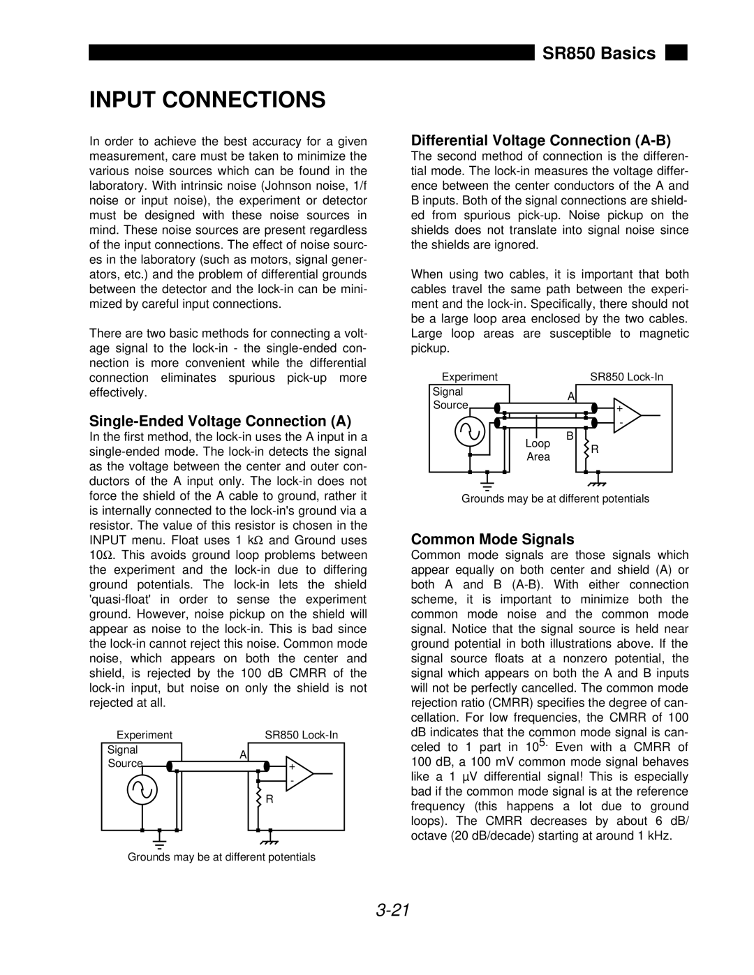 SRS Labs SR850 manual Input Connections, Differential Voltage Connection A-B, Single-Ended Voltage Connection a 