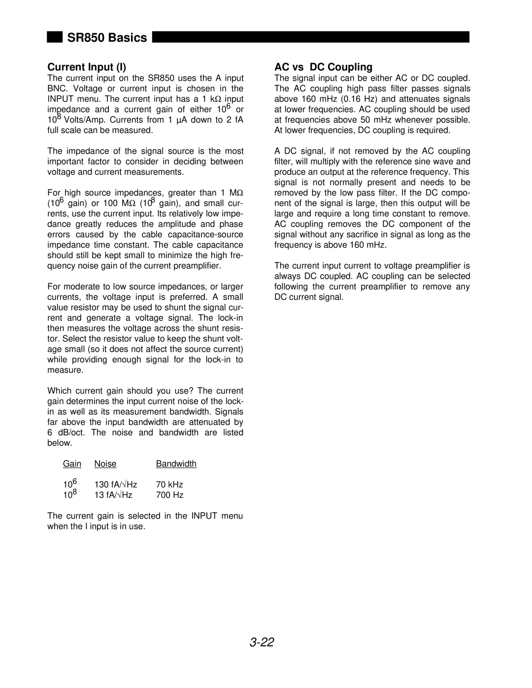 SRS Labs SR850 manual Current Input, AC vs DC Coupling 