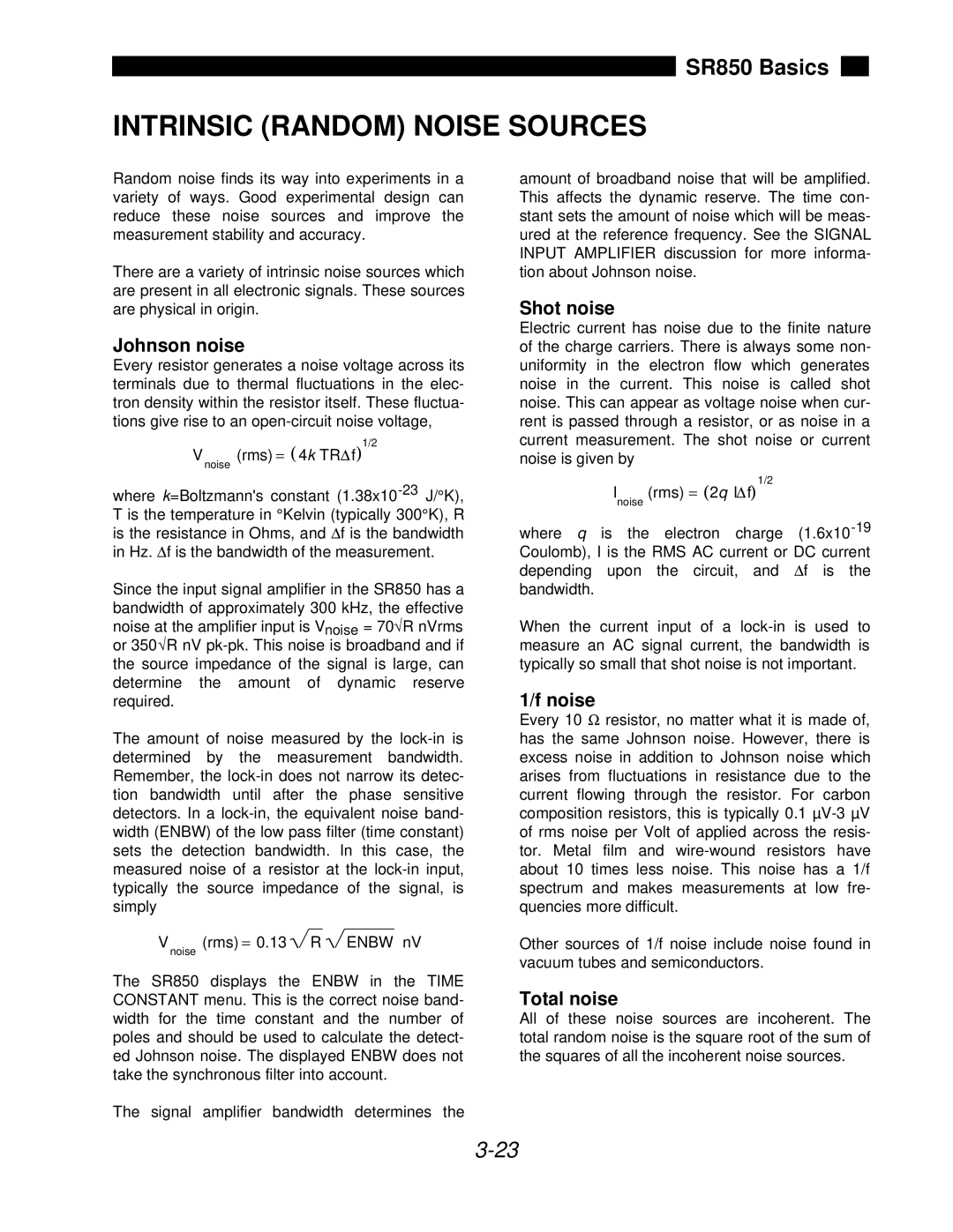 SRS Labs SR850 manual Intrinsic Random Noise Sources, Johnson noise, Shot noise, Total noise 