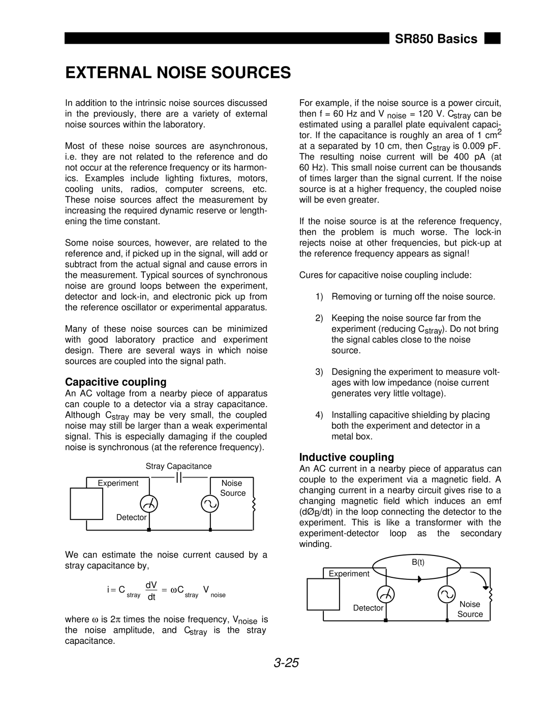 SRS Labs SR850 manual External Noise Sources, Capacitive coupling, Inductive coupling 