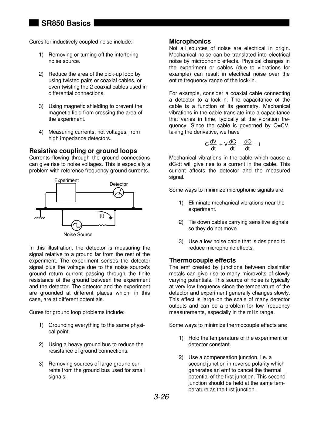 SRS Labs SR850 manual Resistive coupling or ground loops, Microphonics, Thermocouple effects 