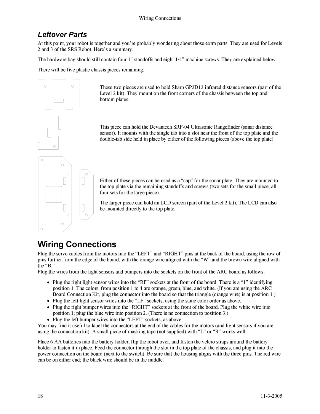 SRS Labs SRS Robot Level 1 Kit manual Wiring Connections, Leftover Parts 