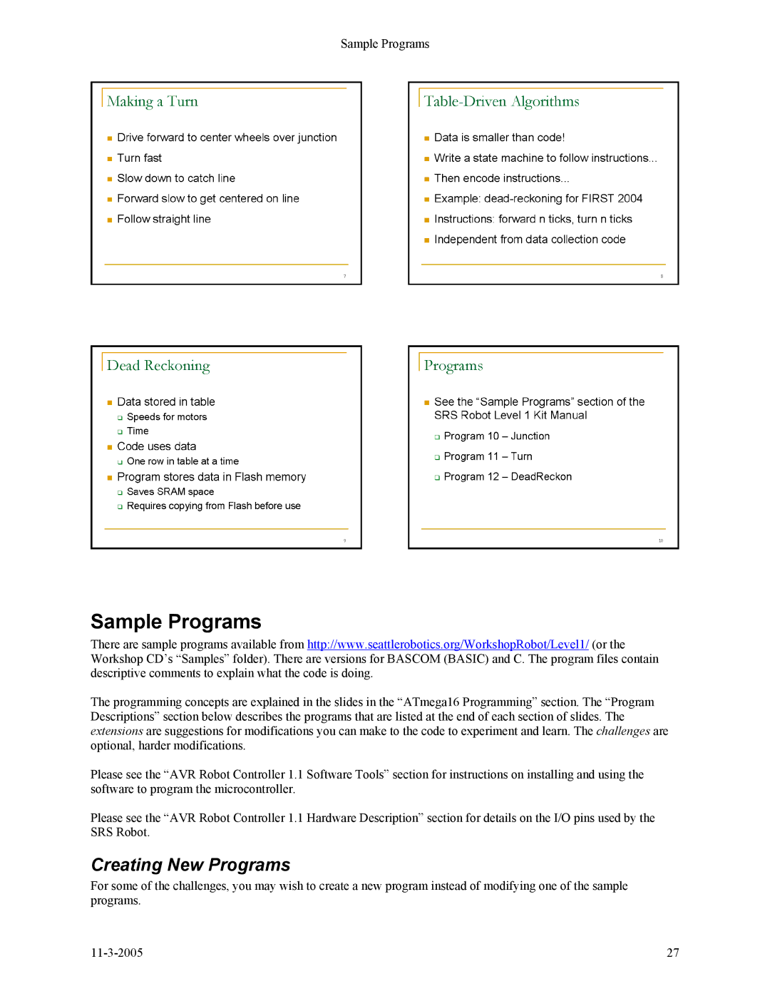 SRS Labs SRS Robot Level 1 Kit manual Sample Programs, Creating New Programs 