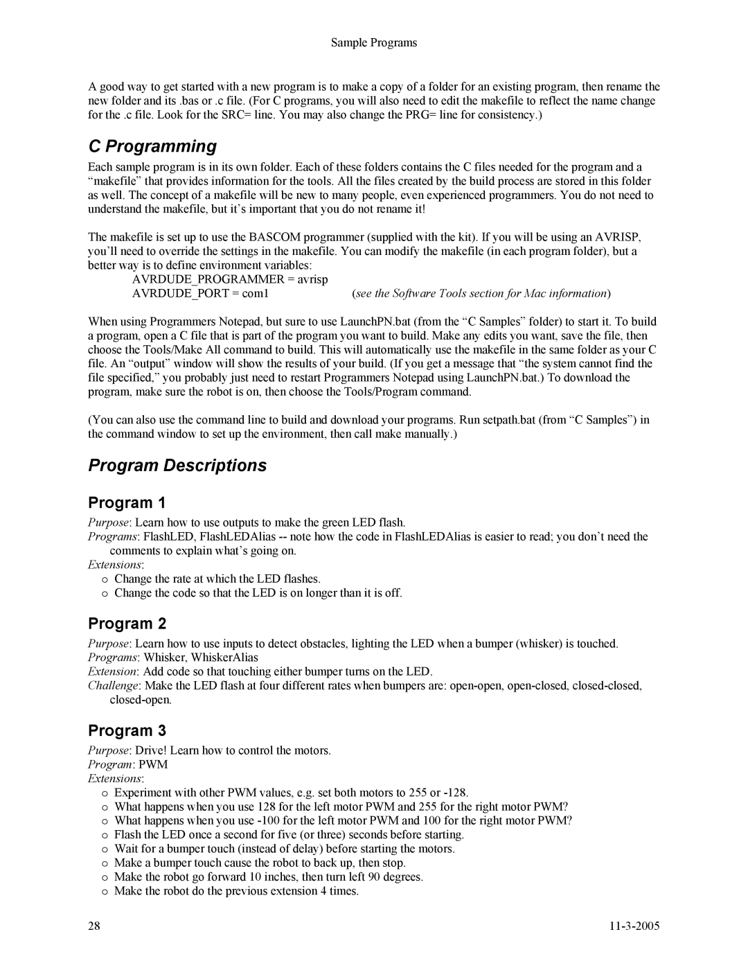 SRS Labs SRS Robot Level 1 Kit manual Programming, Program Descriptions 