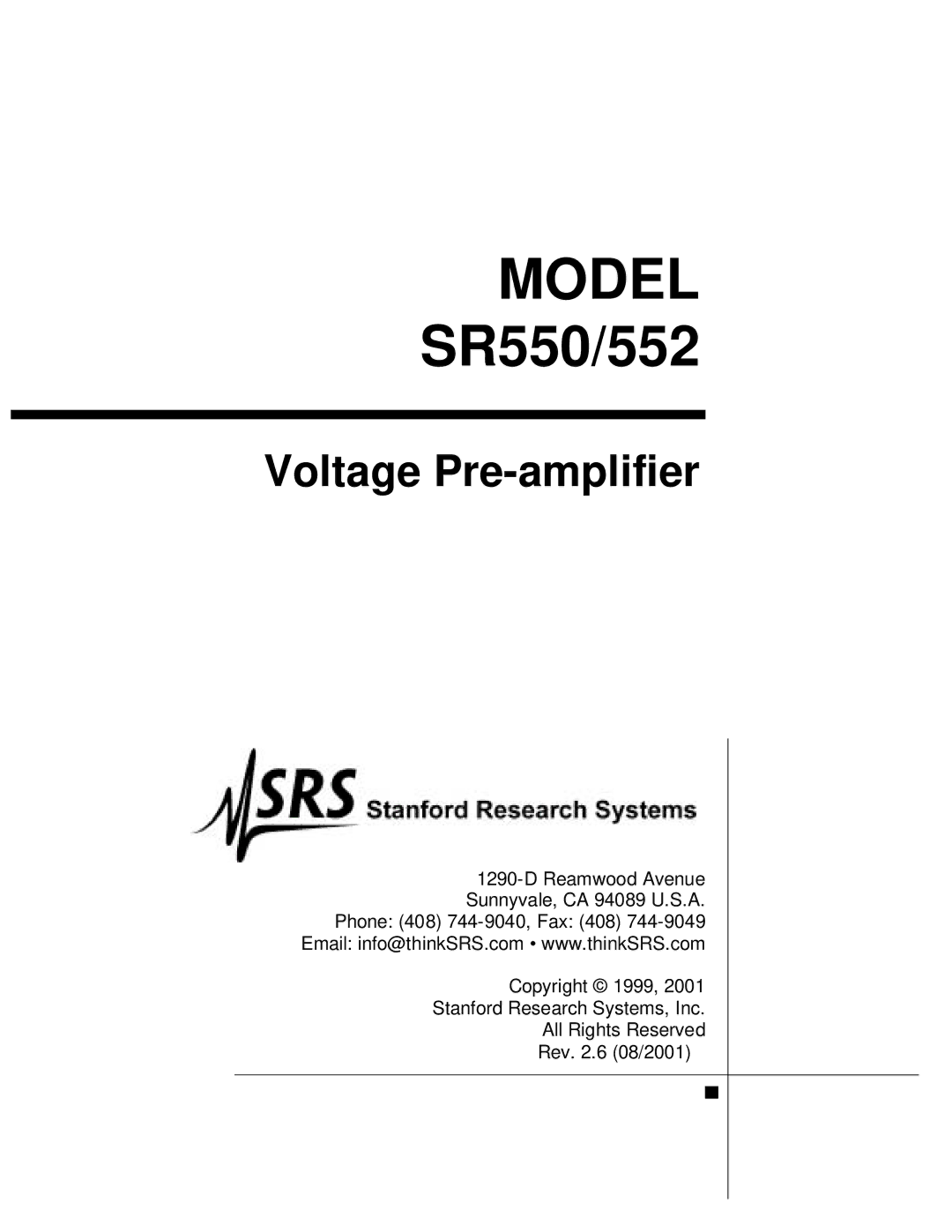 SRS Labs SR550/552, Voltage Pre-amplifier manual Model 