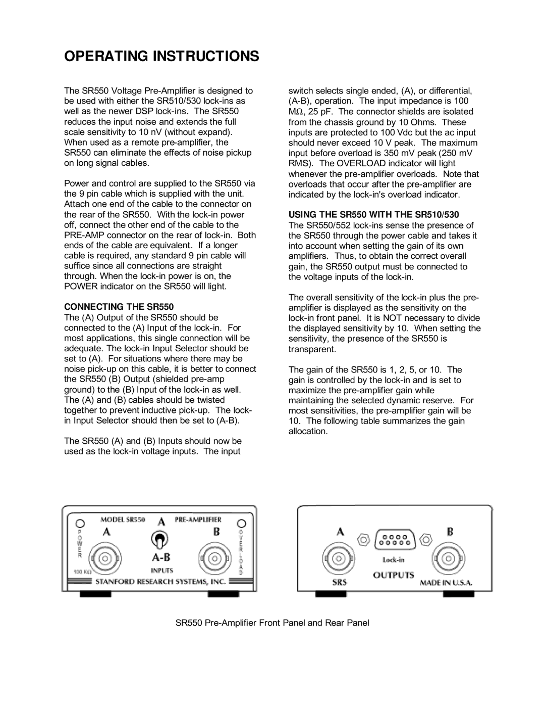 SRS Labs Voltage Pre-amplifier, SR550/552 manual Operating Instructions 