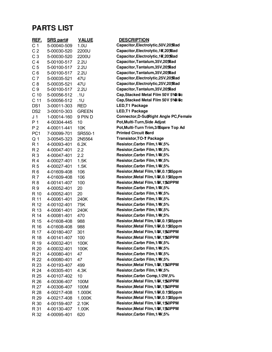 SRS Labs SR550/552, Voltage Pre-amplifier manual Parts List, SRS part# 