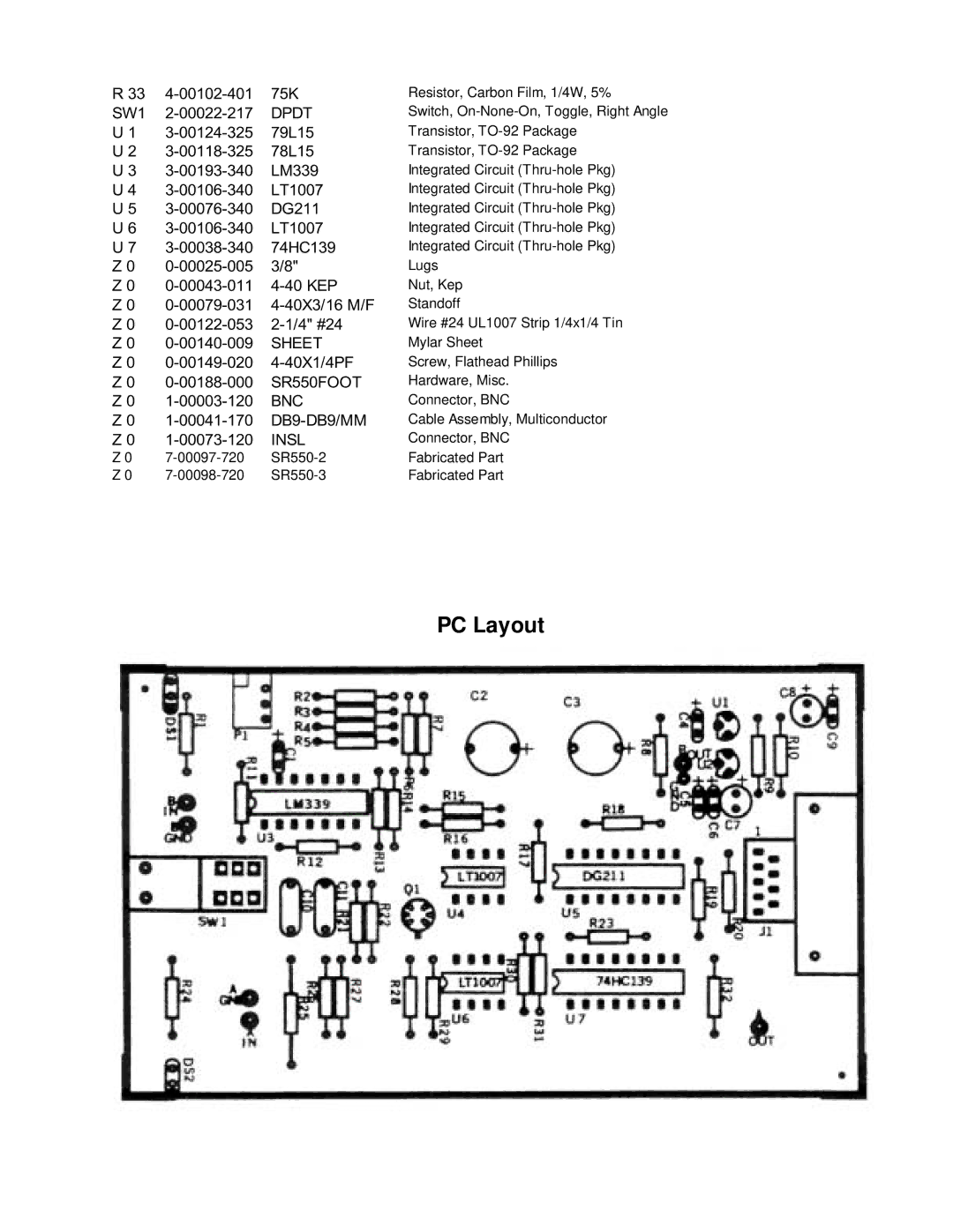 SRS Labs Voltage Pre-amplifier, SR550/552 manual PC Layout 