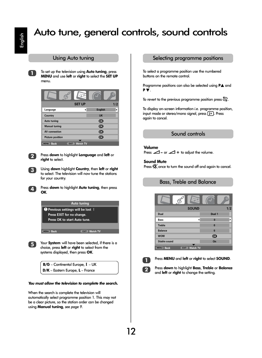 SRS Labs WL66 owner manual Auto tune, general controls, sound controls, Using Auto tuning, Selecting programme positions 