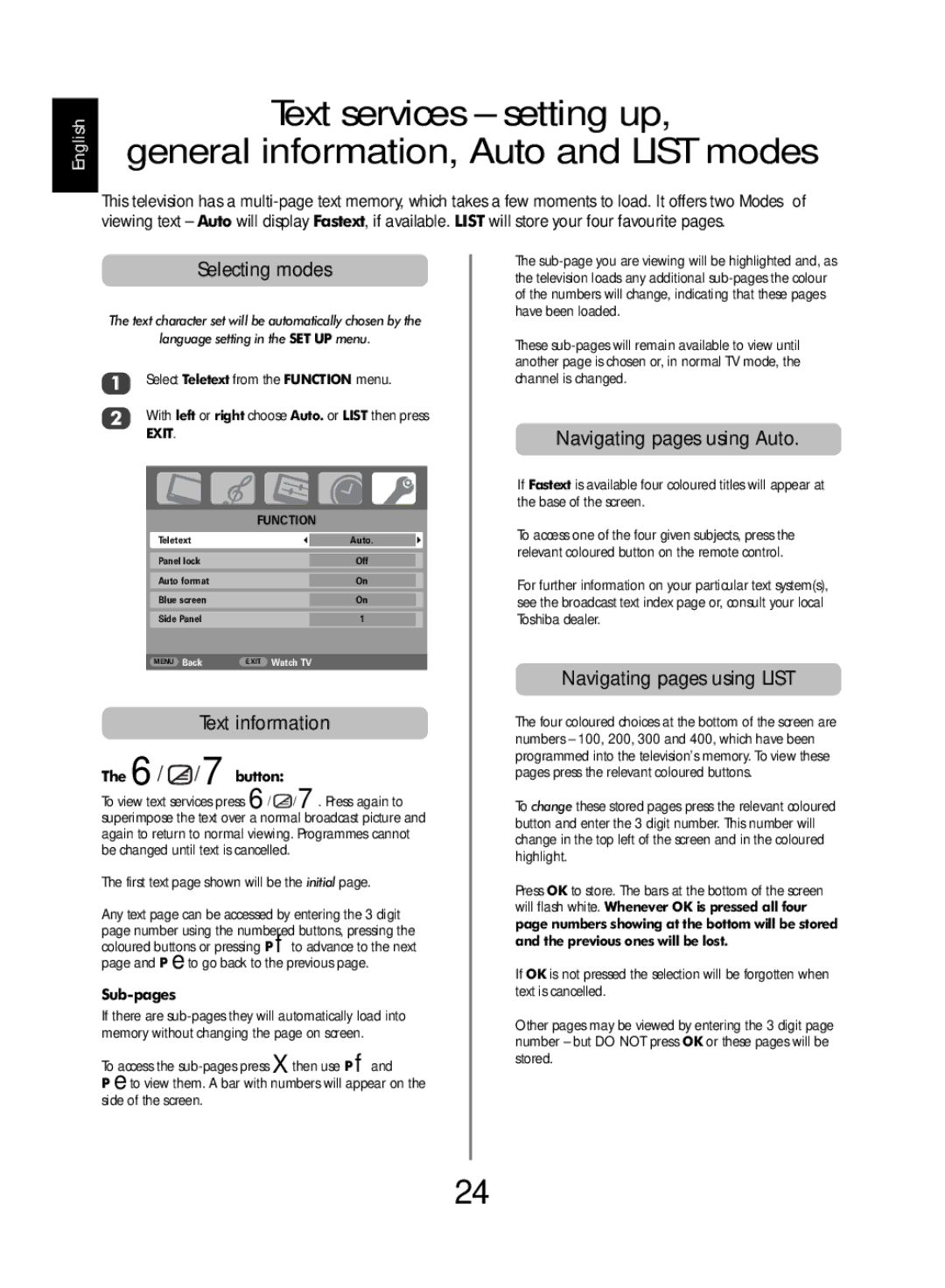 SRS Labs WL66 owner manual Selecting modes, Text information, Navigating pages using Auto, Navigating pages using List 