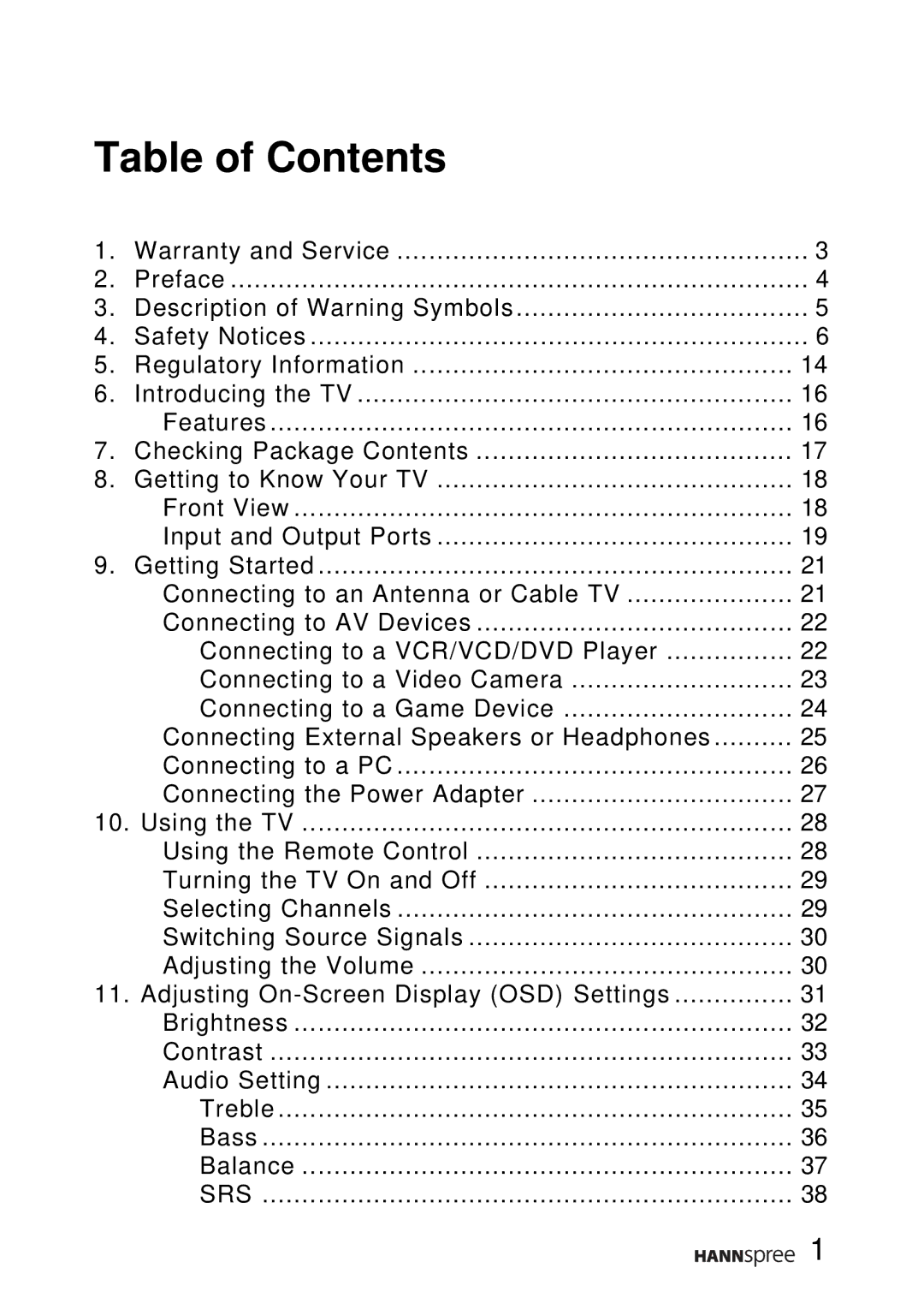 SRS Labs WT01-15A1 manual Table of Contents 