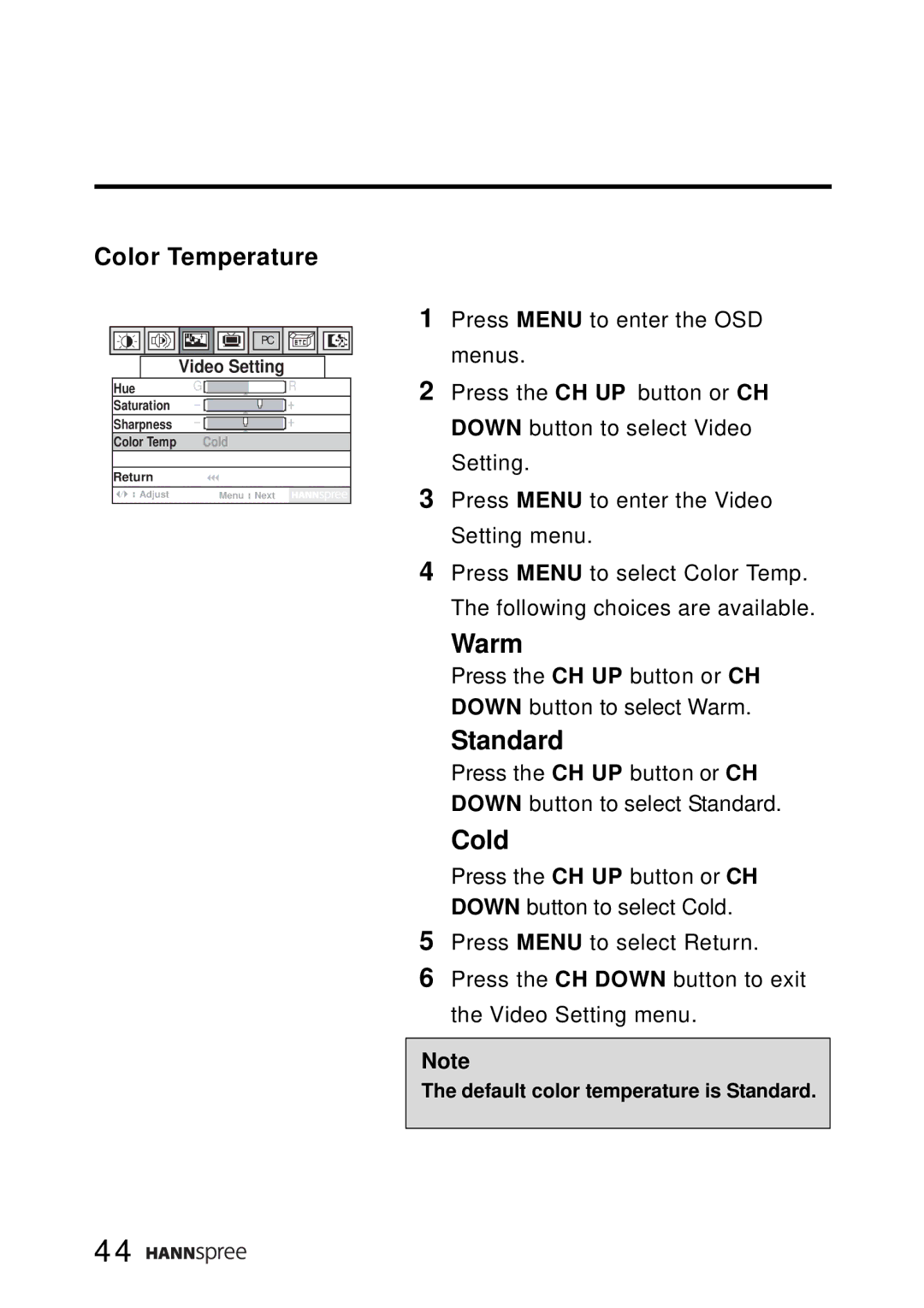 SRS Labs WT01-15A1 manual Cold, Color Temperature 