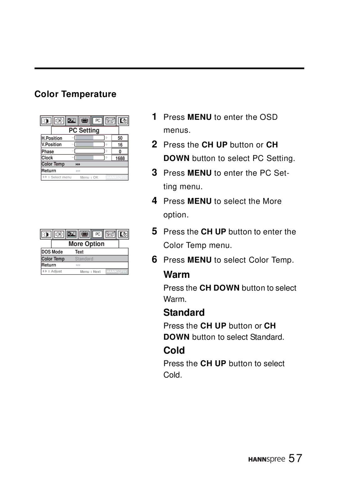 SRS Labs WT01-15A1 manual Press the CH Down button to select Warm 