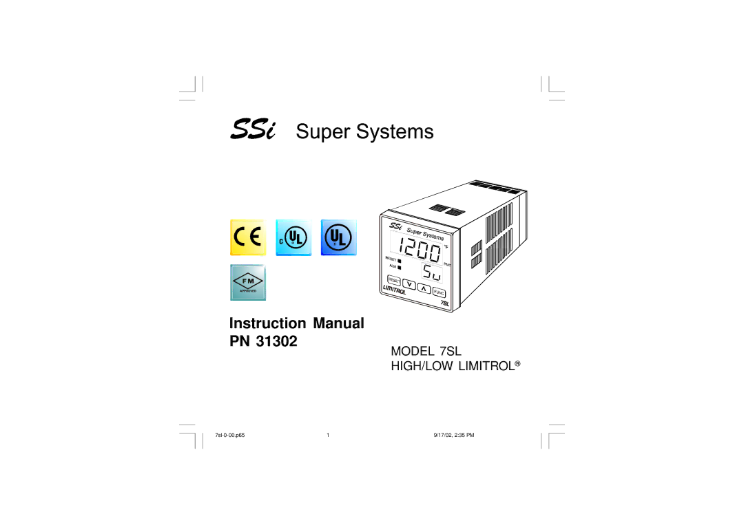 SSI America instruction manual Model 7SL HIGH/LOW Limitrol 