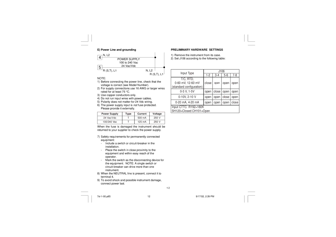 SSI America 7SL instruction manual Power Line and grounding, Power Supply, Preliminary Hardware Settings 