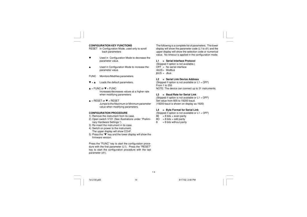 SSI America 7SL instruction manual Configuration KEY Functions, Configuration Procedure 