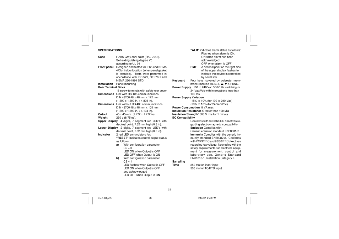 SSI America 7SL instruction manual Specifications 