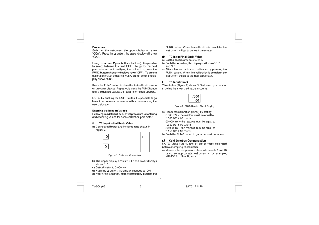 SSI America 7SL instruction manual Procedure, TH TC Input Final Scale Value, TC Input Check, Entering Calibration Values 