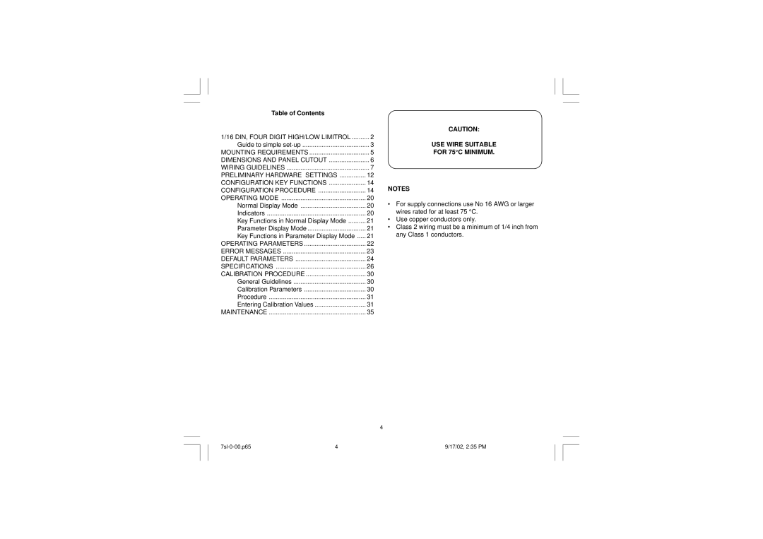 SSI America 7SL instruction manual Table of Contents, USE Wire Suitable For 75C Minimum 