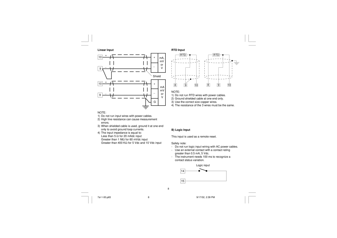 SSI America 7SL instruction manual Linear Input, RTD Input, Rtd, Logic Input 