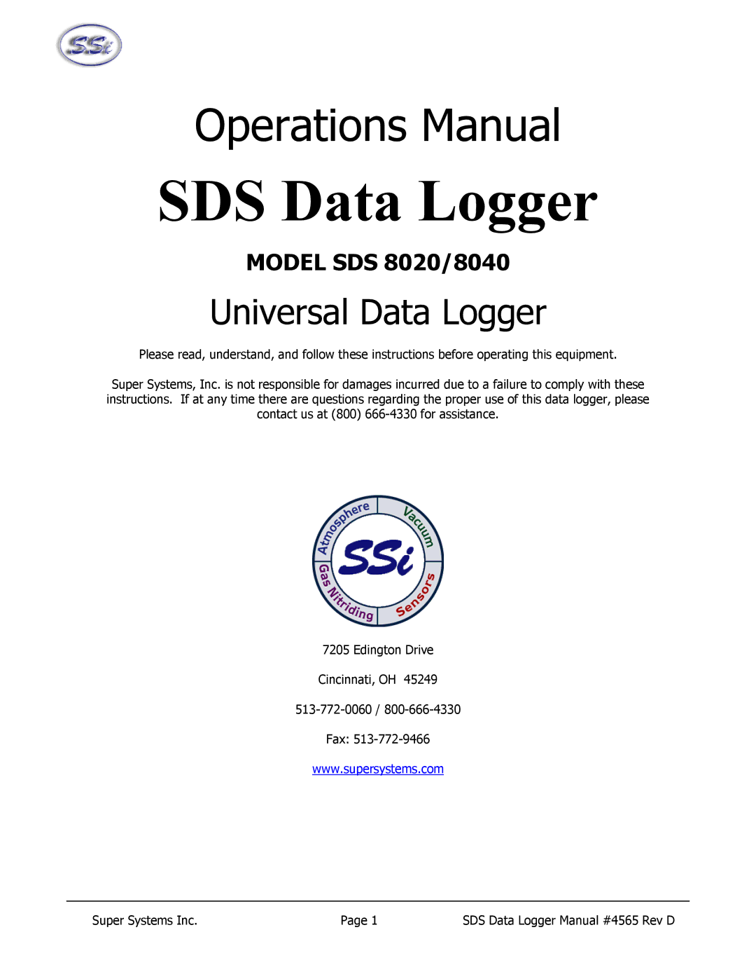 SSI America 8020, 8040 manual SDS Data Logger 