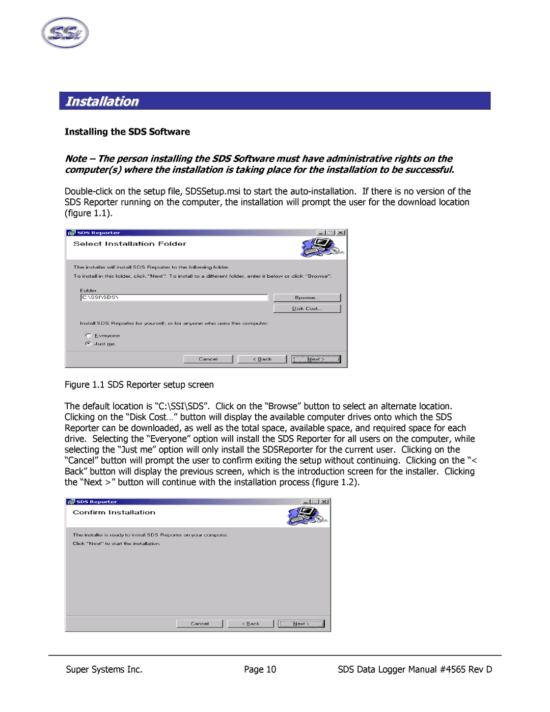 SSI America 8040, 8020 manual Installation, Installing the SDS Software 