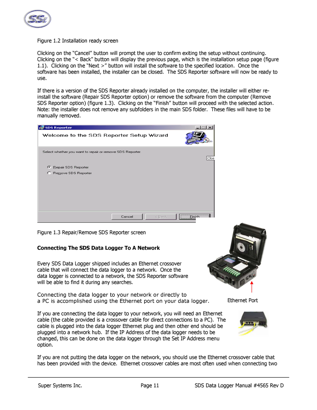 SSI America 8020, 8040 manual Repair/Remove SDS Reporter screen, Connecting The SDS Data Logger To a Network 