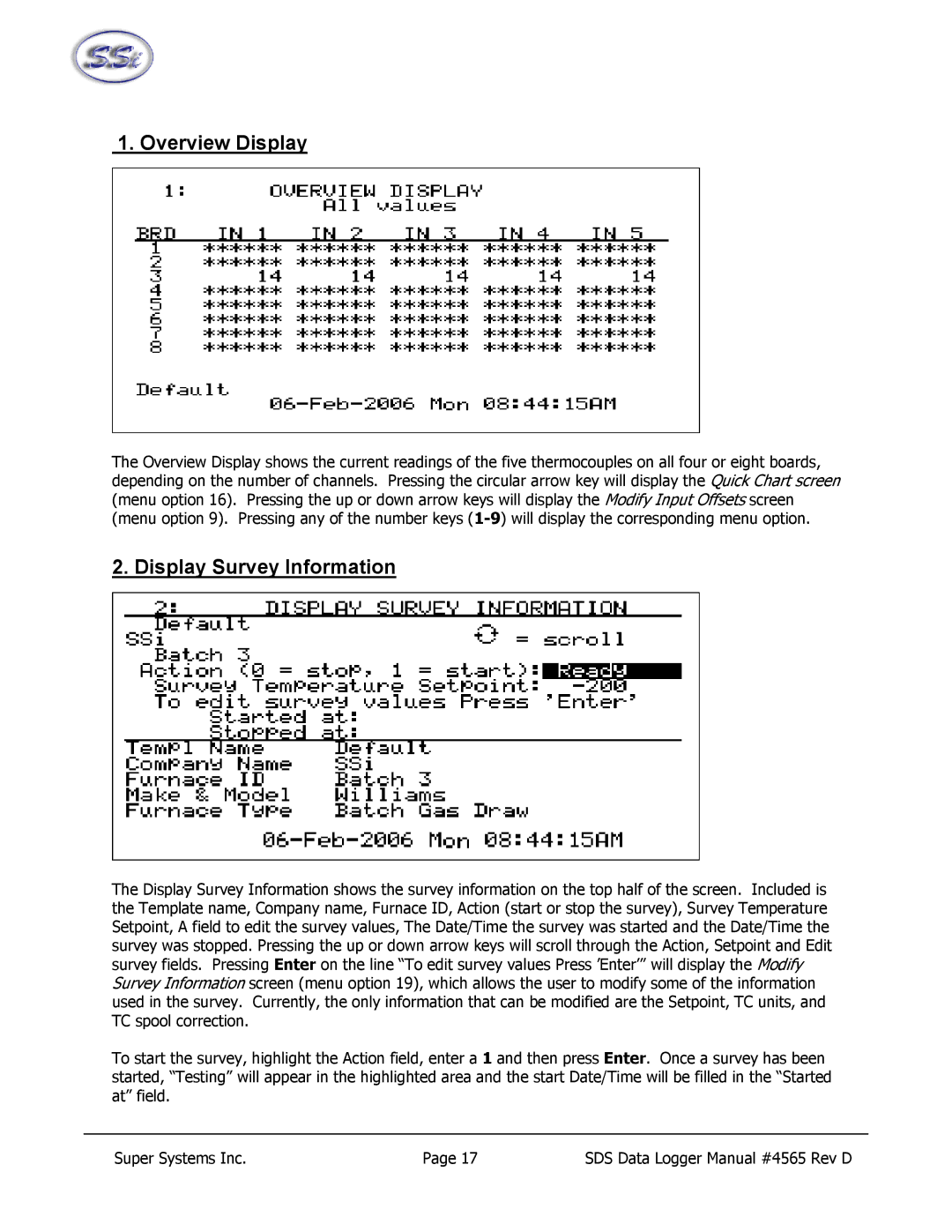 SSI America 8020, 8040 manual Overview Display, Display Survey Information 