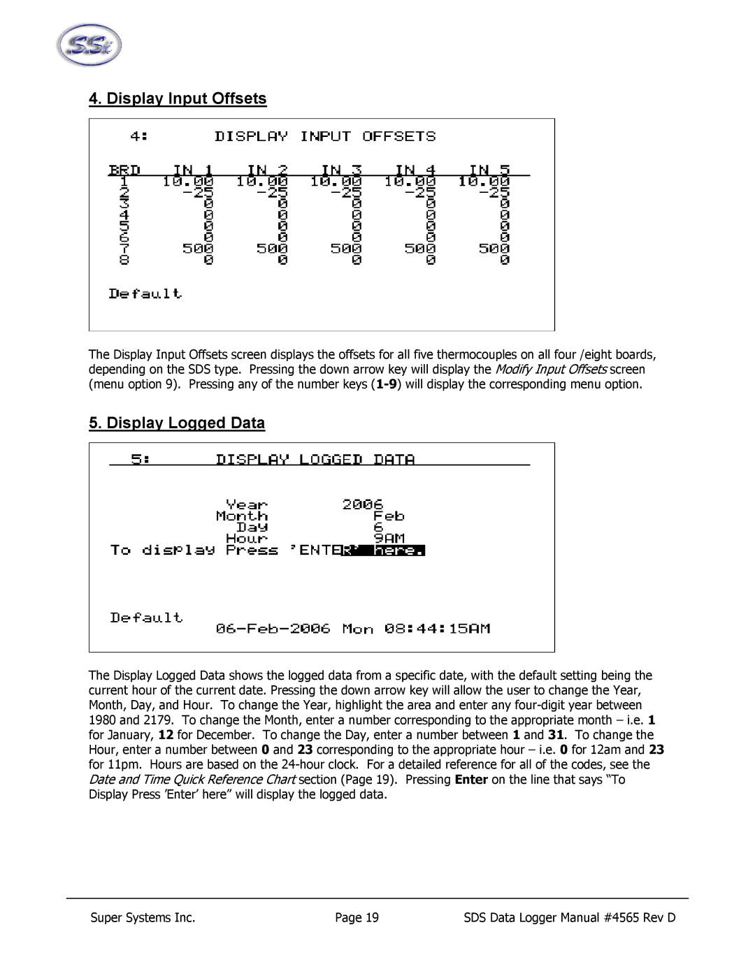 SSI America 8020, 8040 manual Display Input Offsets, Display Logged Data 