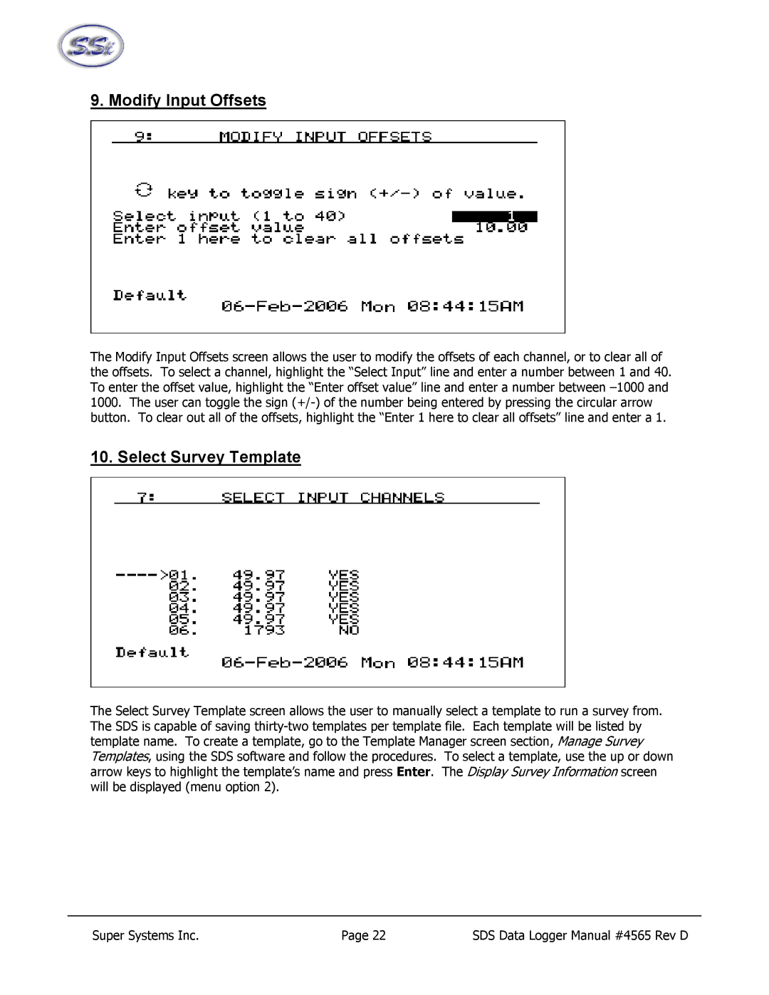 SSI America 8040, 8020 manual Modify Input Offsets, Select Survey Template 