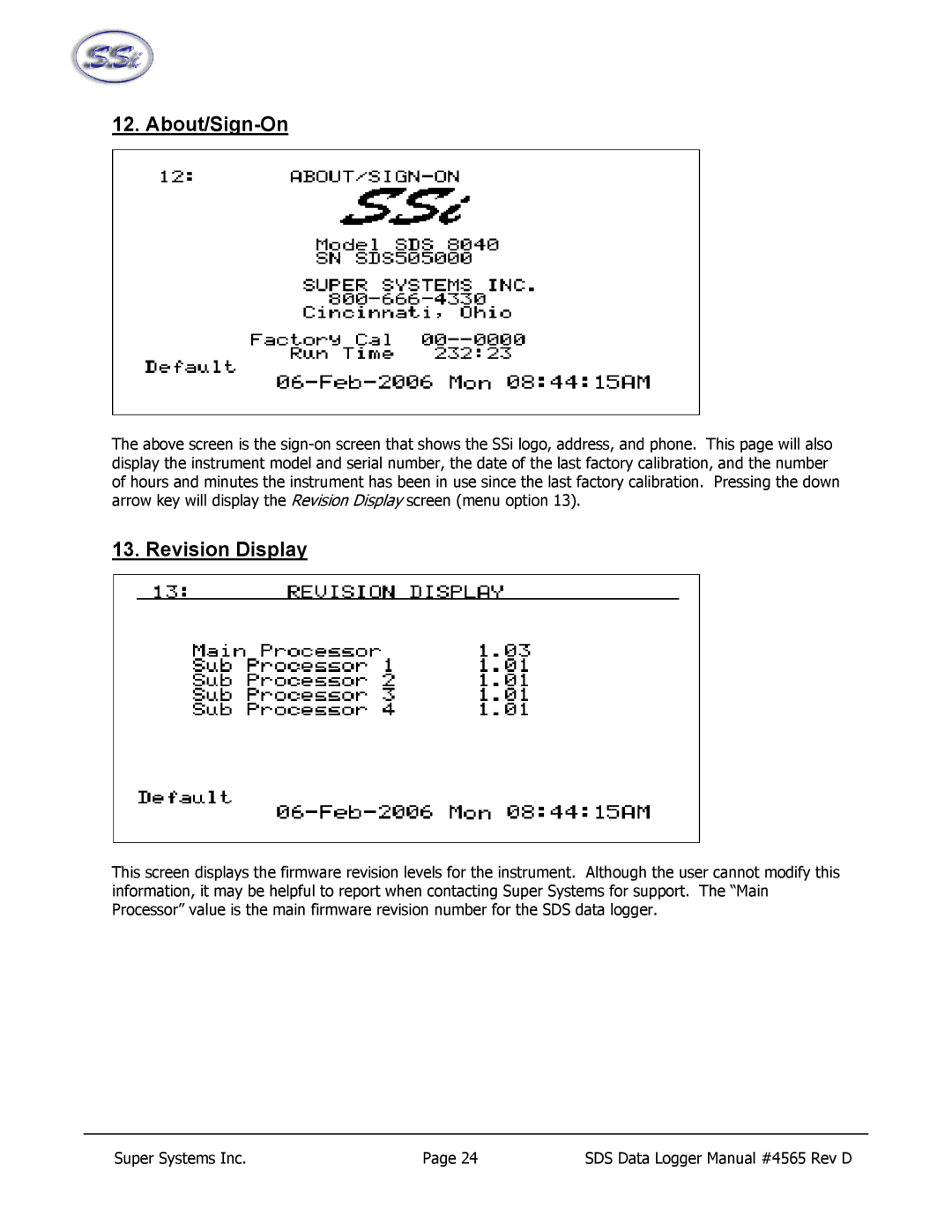 SSI America 8040, 8020 manual About/Sign-On, Revision Display 