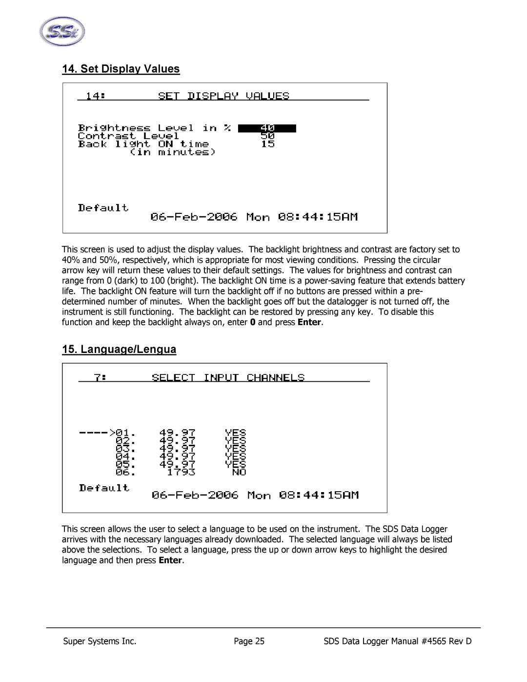 SSI America 8020, 8040 manual Set Display Values, Language/Lengua 