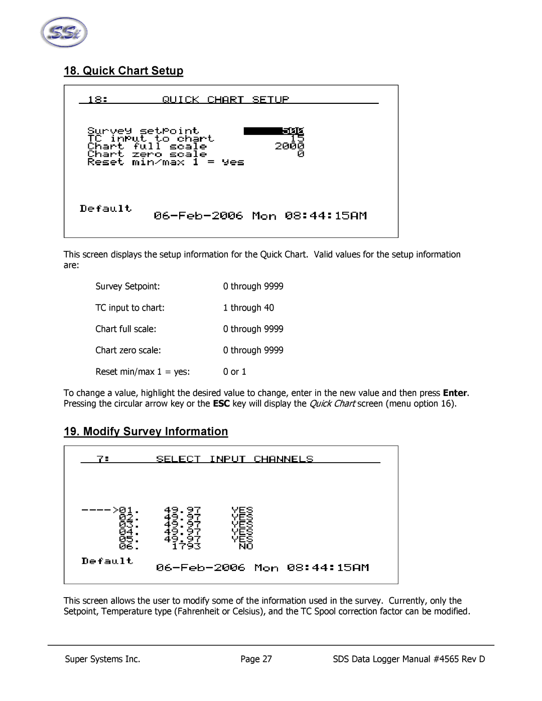 SSI America 8020, 8040 manual Quick Chart Setup, Modify Survey Information 