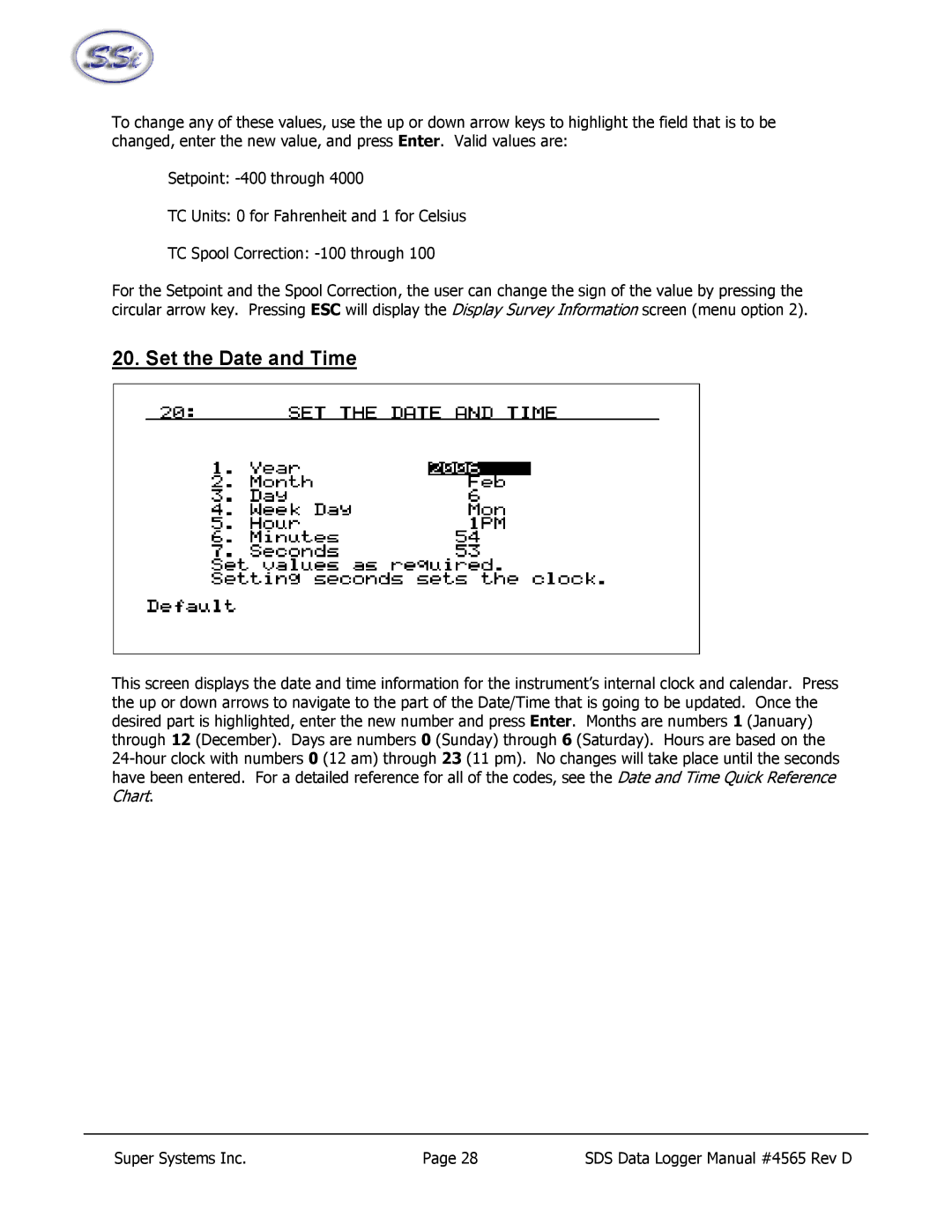 SSI America 8040, 8020 manual Set the Date and Time 