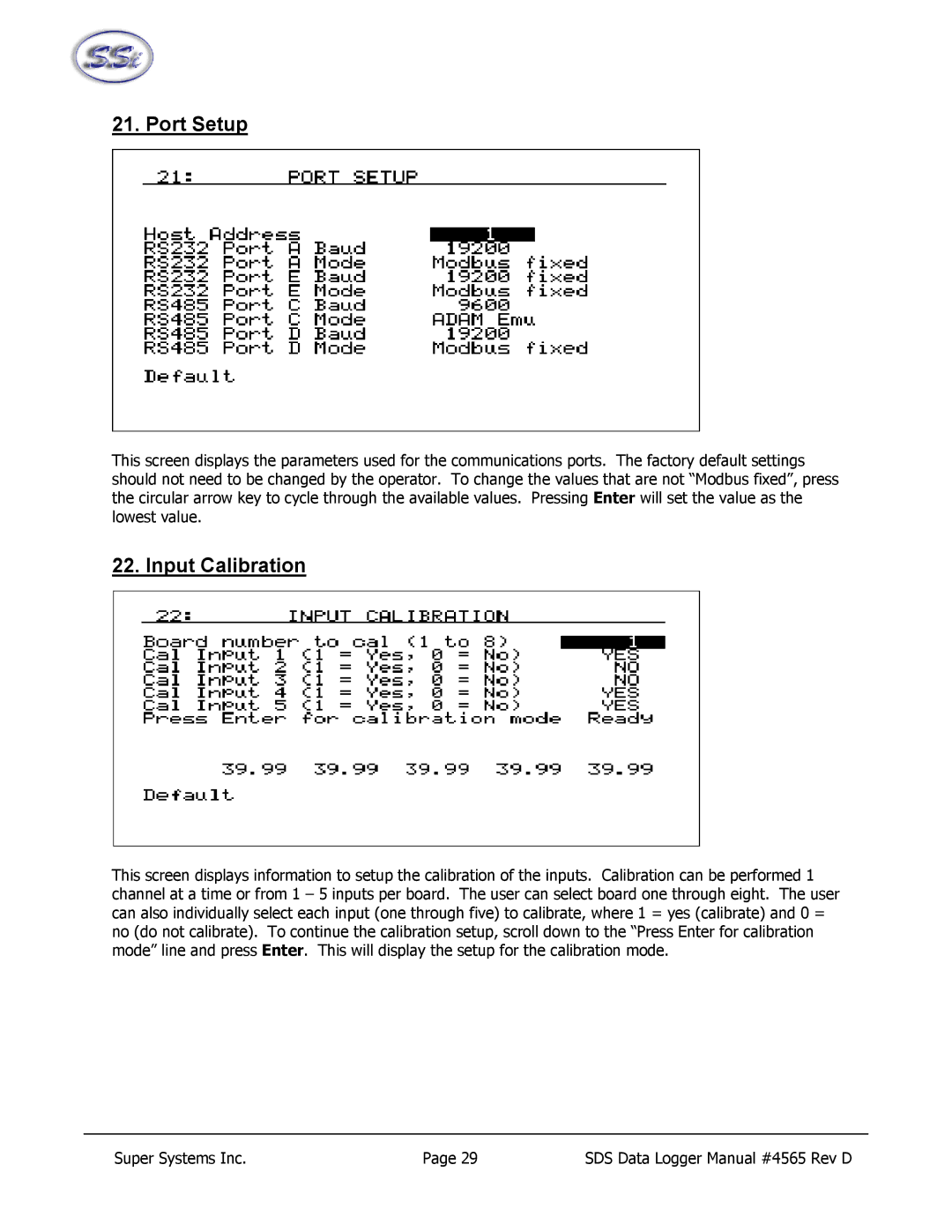 SSI America 8020, 8040 manual Port Setup, Input Calibration 