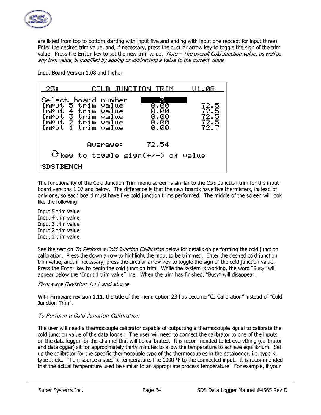 SSI America 8040, 8020 manual Firmware Revision 1.11 and above, To Perform a Cold Junction Calibration 