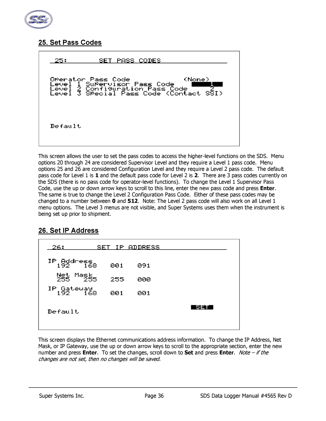 SSI America 8040, 8020 manual Set Pass Codes, Set IP Address 