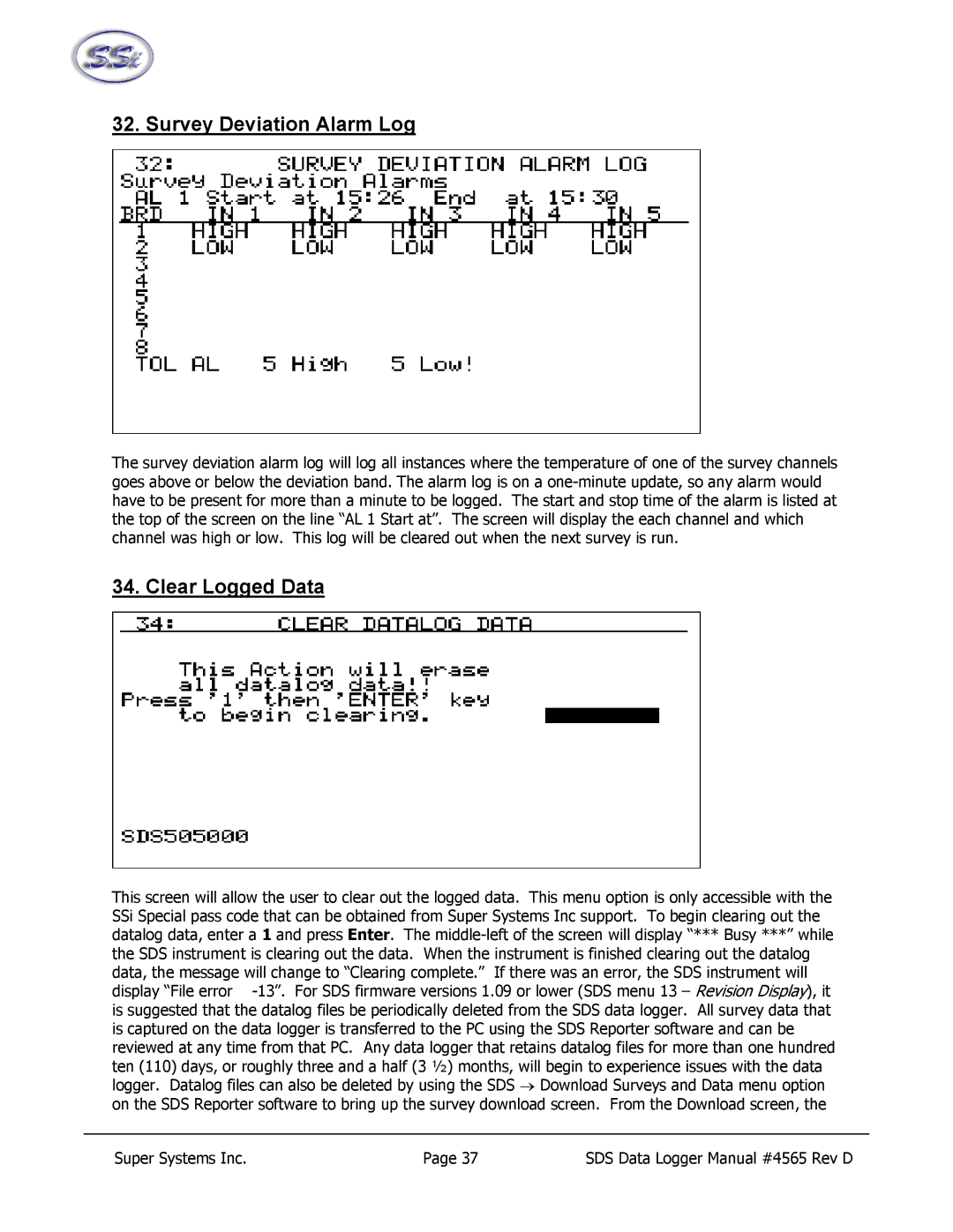 SSI America 8020, 8040 manual Survey Deviation Alarm Log, Clear Logged Data 