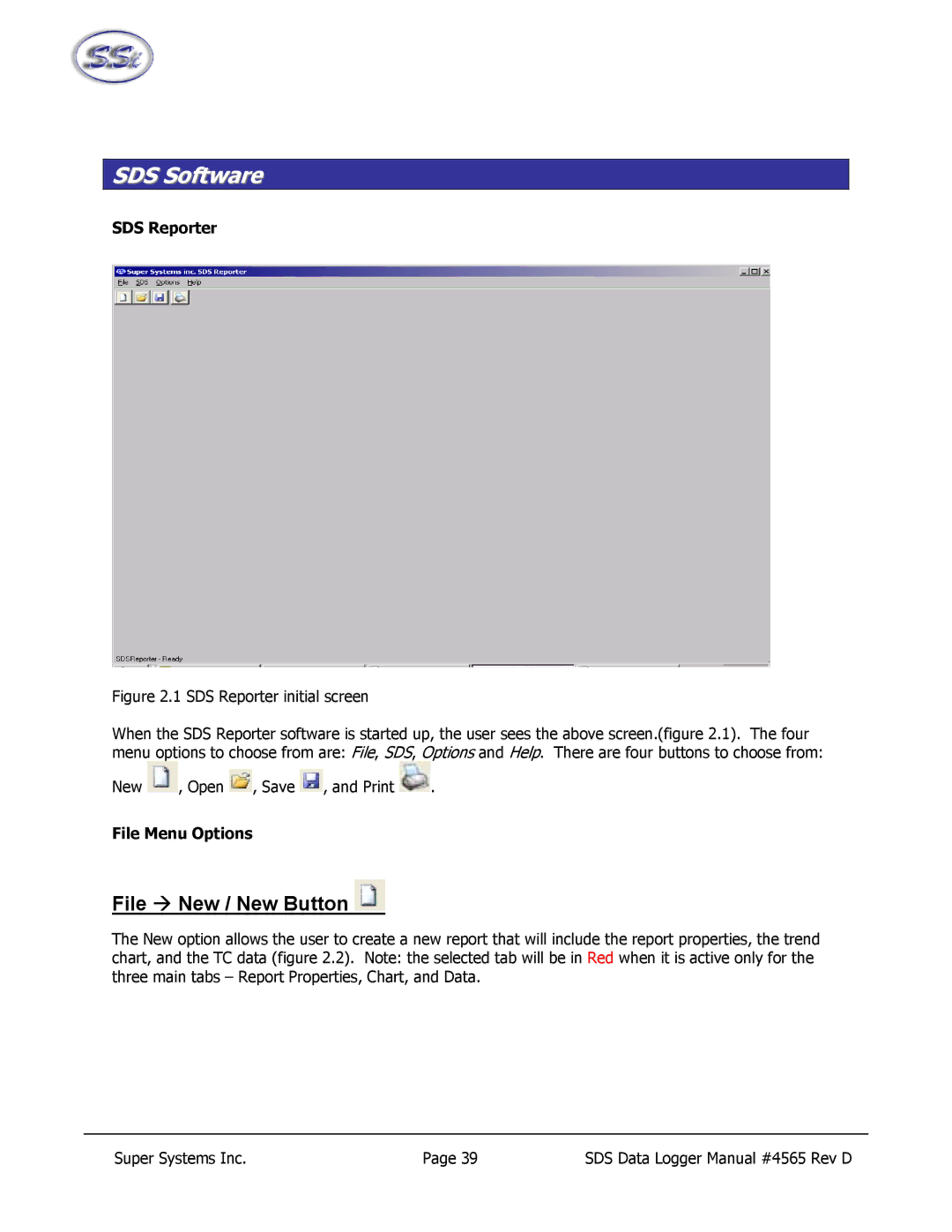 SSI America 8020, 8040 manual File Æ New / New Button, SDS Reporter, File Menu Options 