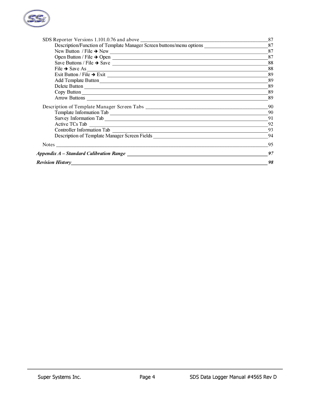 SSI America 8040, 8020 manual Appendix a Standard Calibration Range Revision History98 