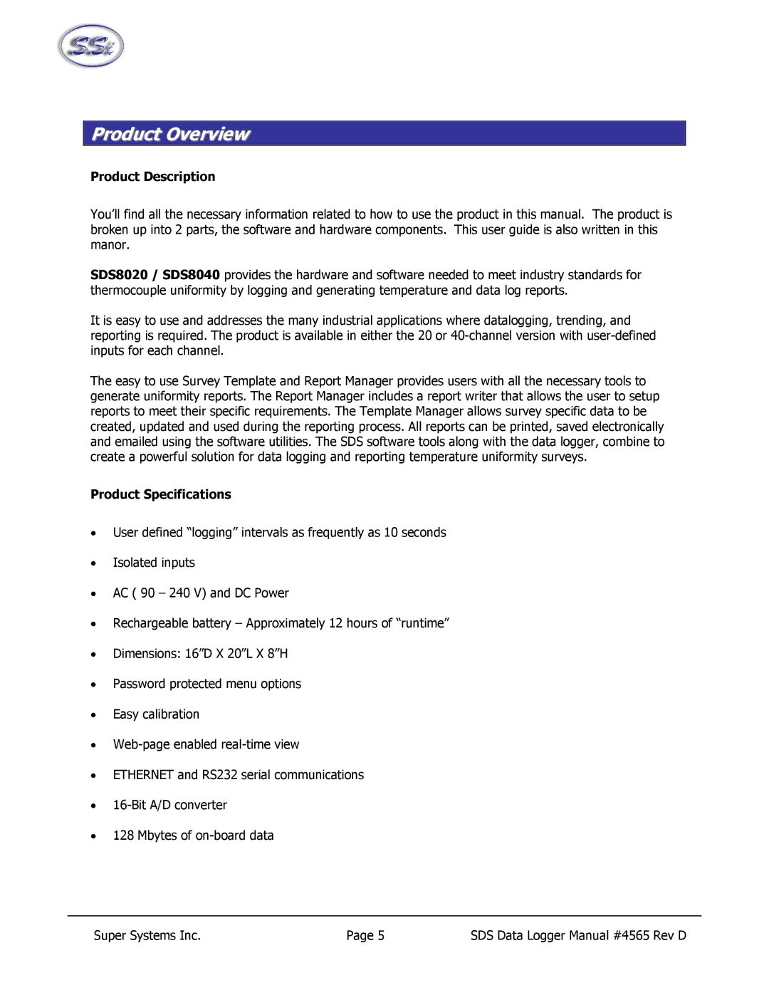 SSI America 8020, 8040 manual Product Description, Product Specifications 