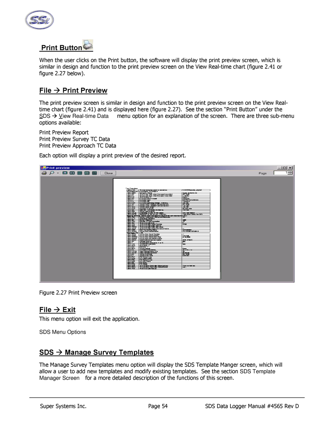 SSI America 8040, 8020 Print Button, File Æ Print Preview, File Æ Exit, SDS Æ Manage Survey Templates, SDS Menu Options 