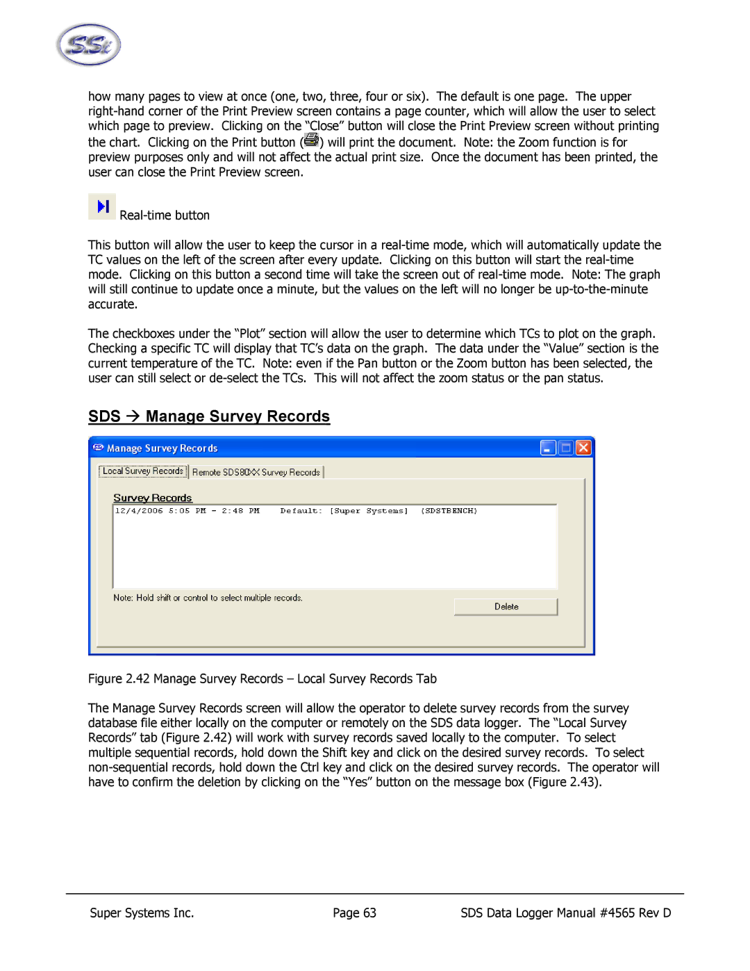 SSI America 8020, 8040 manual SDS Æ Manage Survey Records 