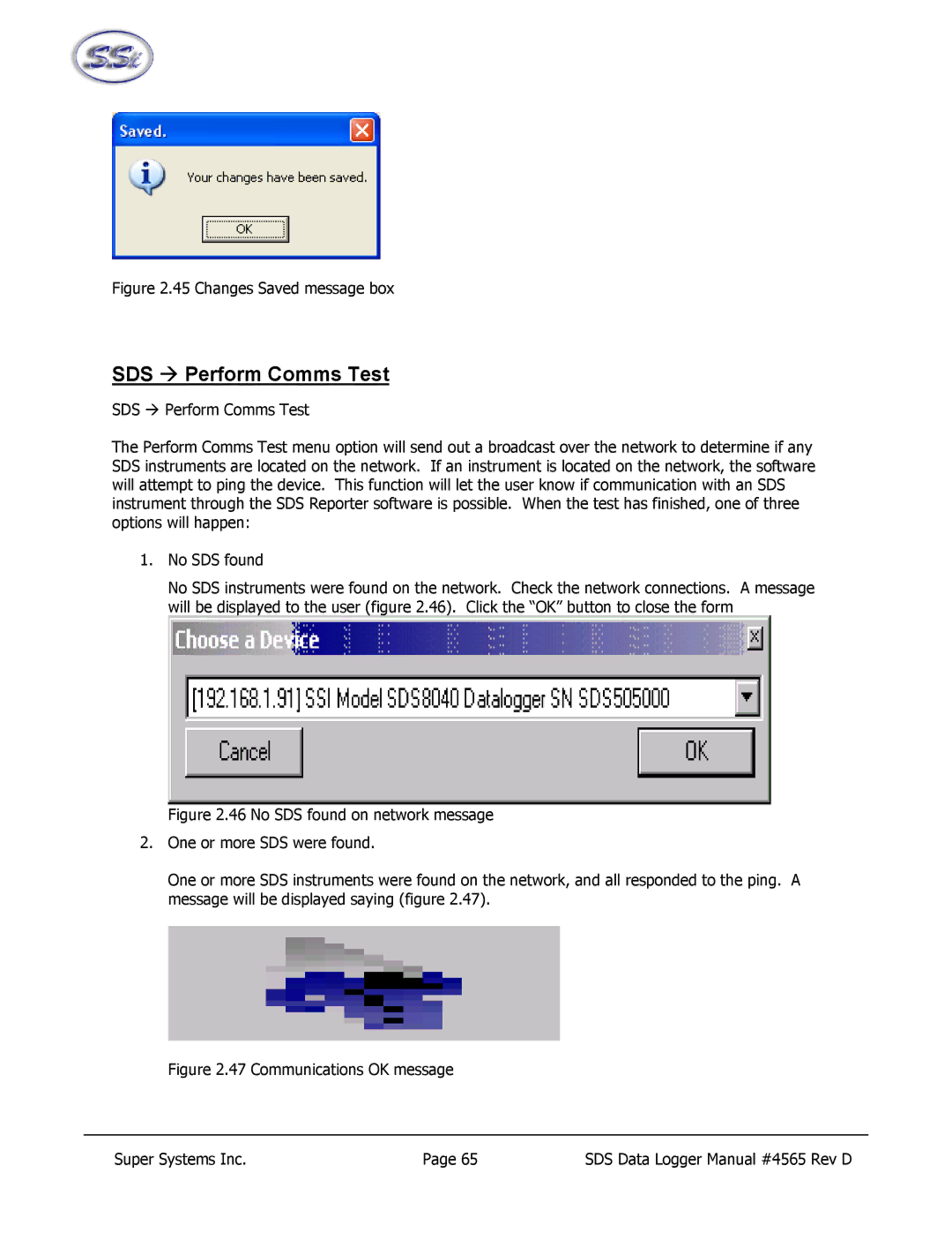 SSI America 8020, 8040 manual SDS Æ Perform Comms Test, Changes Saved message box 