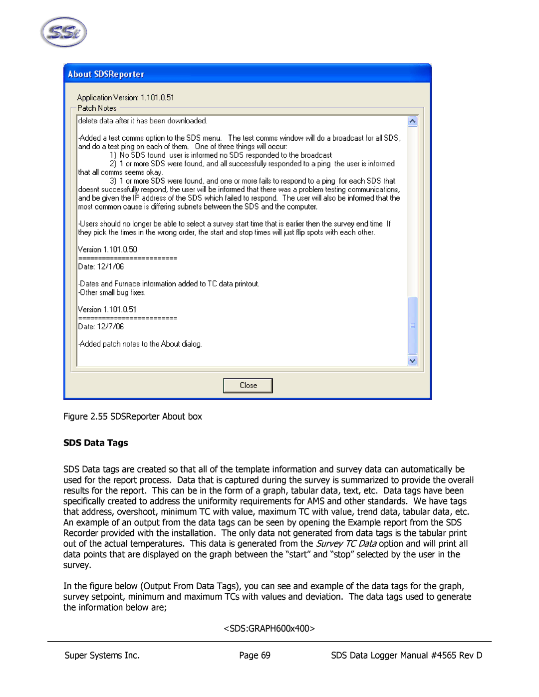 SSI America 8020, 8040 manual SDSReporter About box, SDS Data Tags 