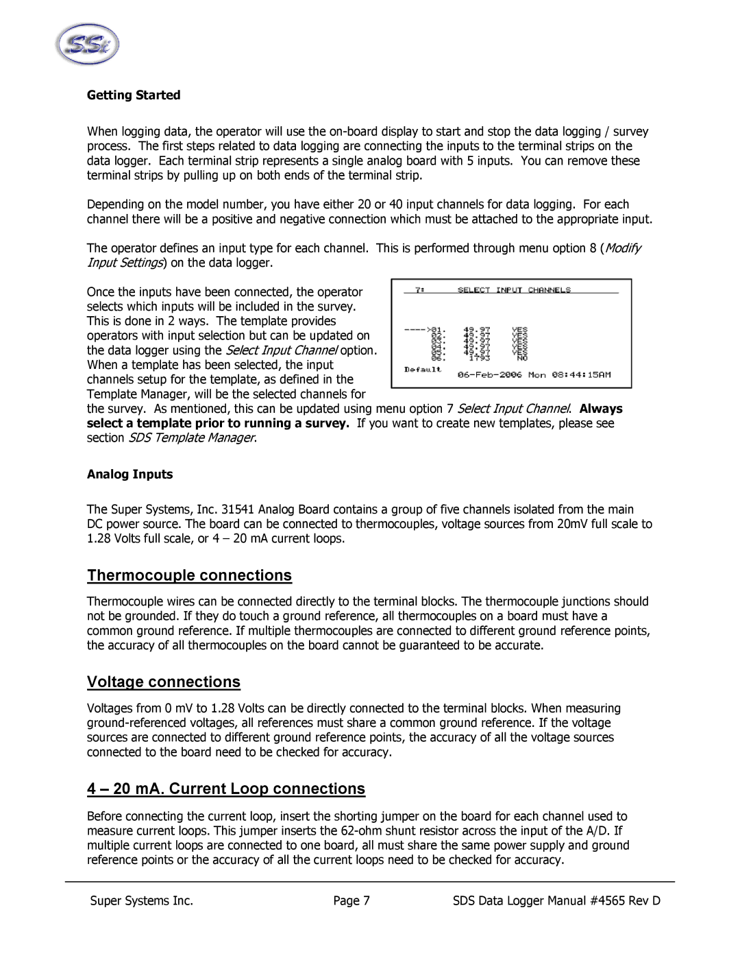 SSI America 8020, 8040 Thermocouple connections, Voltage connections, 20 mA. Current Loop connections, Getting Started 