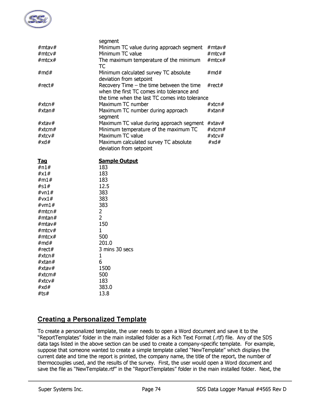 SSI America 8040, 8020 manual Creating a Personalized Template 