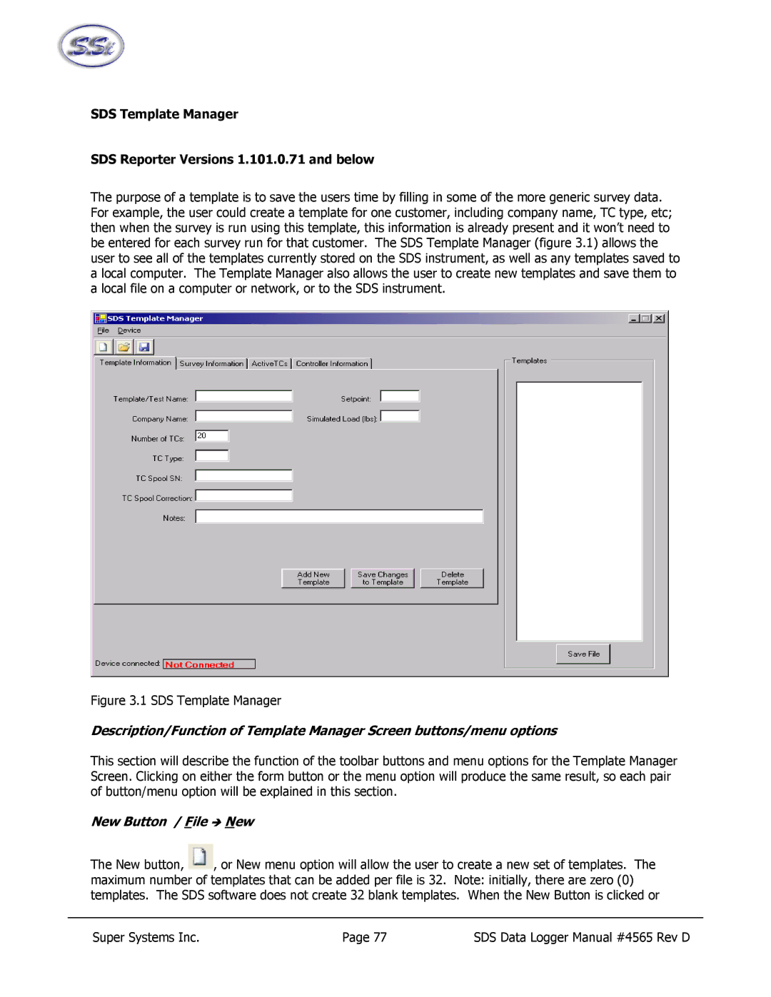 SSI America 8020, 8040 manual SDS Template Manager, New Button / File Î New 